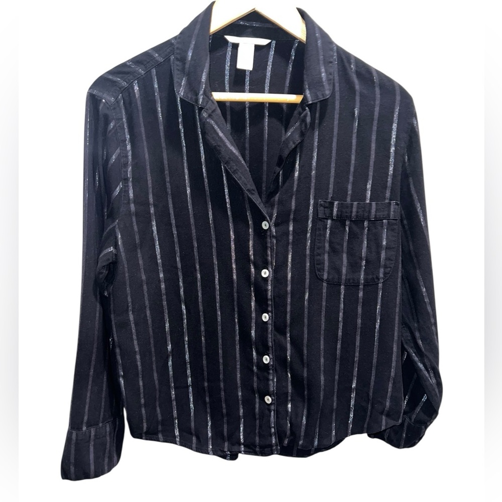 Victoria’s Secret Black Metallic Stripe Button Front Blouse Medium